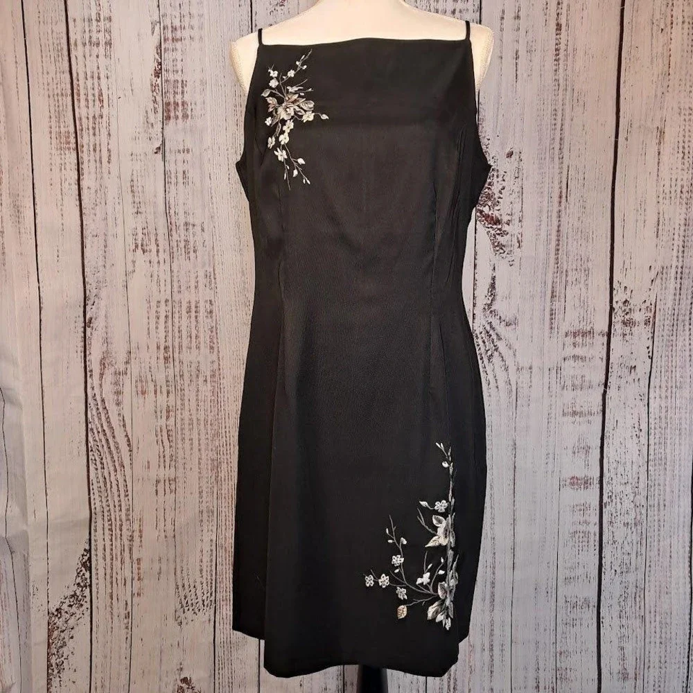 Y2K Vintage 90s CDC 12 Black Satin Slip Dress Spaghetti Strap‎ Embroidery Formal